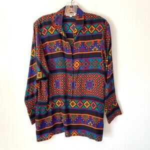 Vintage Andrea Behar Black Silk Aztec Navajo Western Print Tunic Blouse size 40
